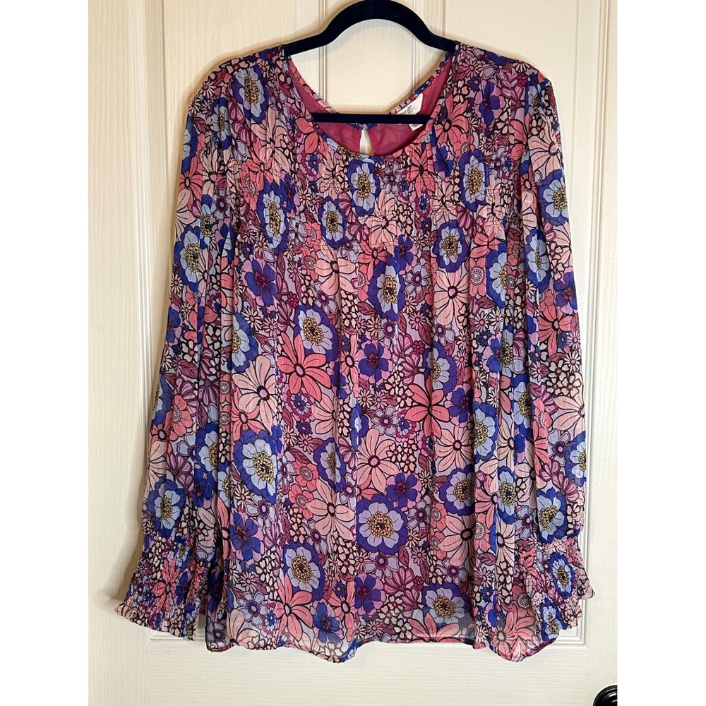 Terra & Sky Womens‎ 3X Pink Purple Floral Smocked Chiffon Blouse Long Sleeve Top
